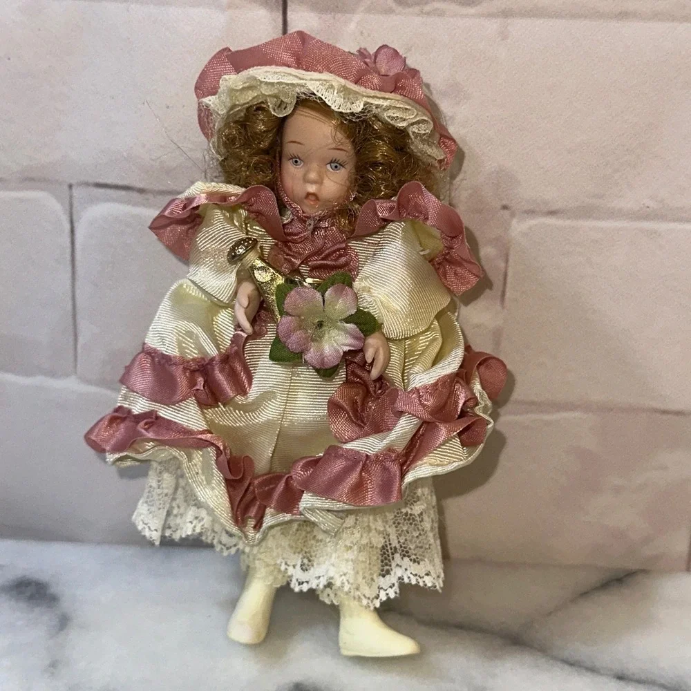 Vintage Porcelain Bisque Doll Ornament Victorian Style Pink Cream Lace Ruffles